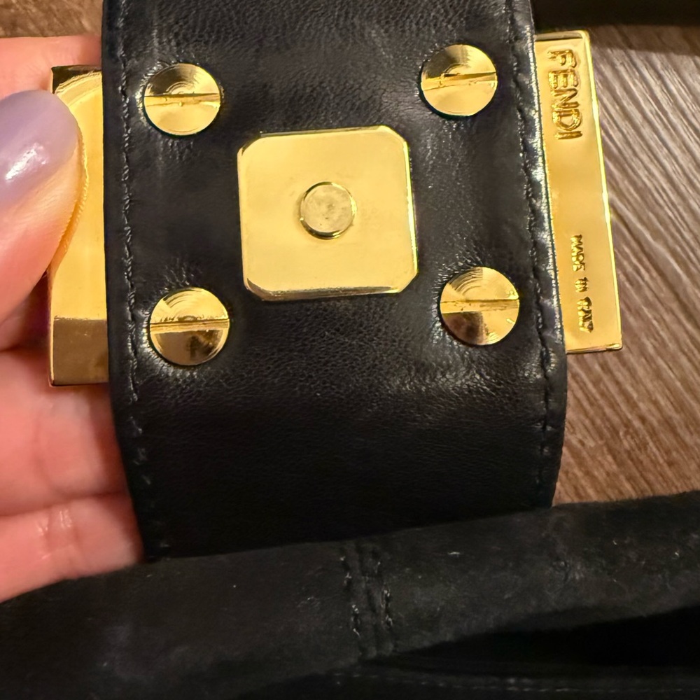 Fendi Black Suede Shoulder Bag with Gold & Red Logo Plaque - Picture 4 of 10